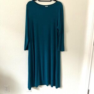 Chicos Travelers Sz XL / 3 Teal Blue Midi Dress Slinky Knit Stretch Long Sleeves